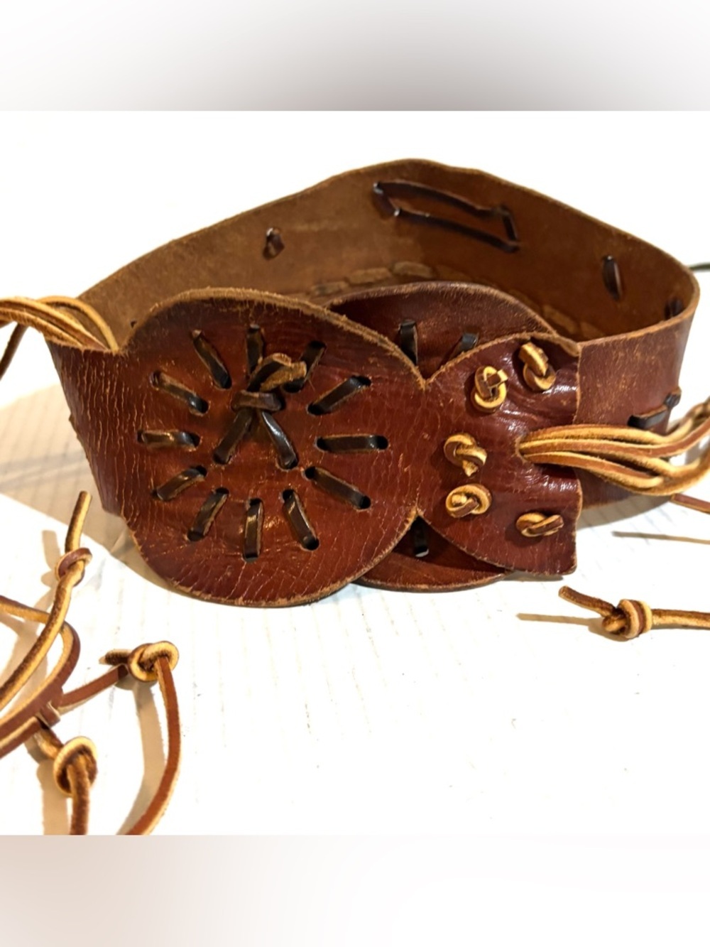 Vintage distressed Leather Waist Belt in Brown with Lace